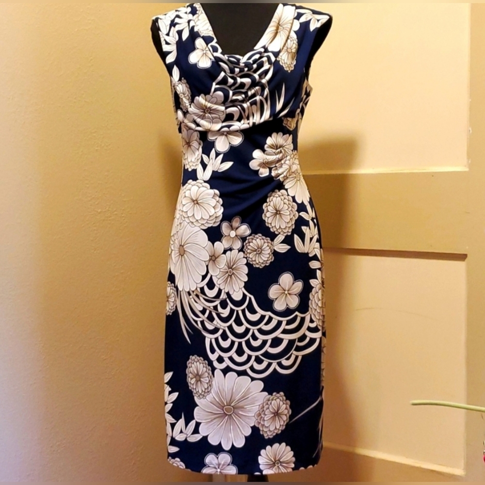 NWT Dressbarn Navy and White Floral Midi Dress, Size 10